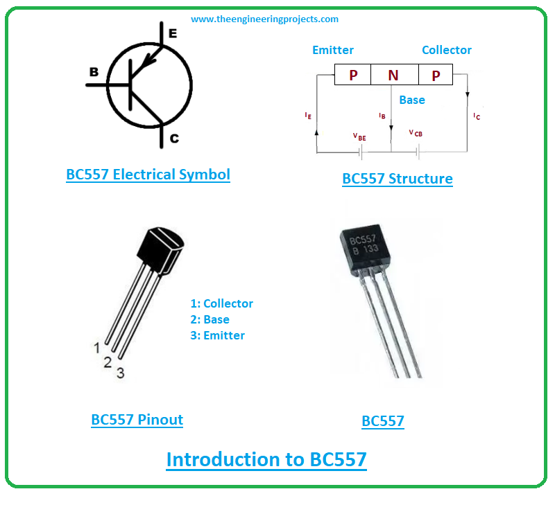 Introduction to BC557, bc557 pinout, bc557 power ratings, bc557 applications