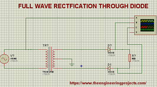 Full wave rectifier, rectifier in proteus, diode rectification in proteus, proteus circuit , full wave rectification circuit