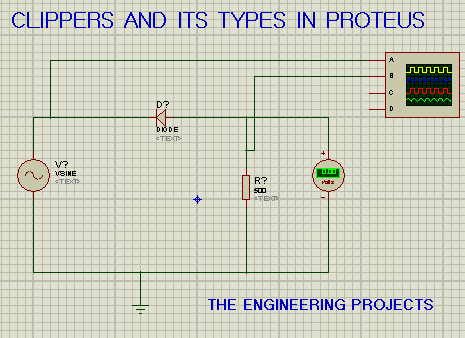  clippers, clippers series circuit. clippers series circuit in proteus, proteus circuit for series clippers.