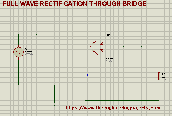 basic circuit for Full Wave Rectification through bridge, proteus circuit for full wave rectification thruogh bridge, bridge rectifier in proteus, full wave rectification in proteus, ciricuit for full wave rectification.