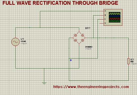 bridge rectifier in proteus, circuit for full wave rectifier, full ewave rectification in proteus, proteus circuit.. bridge rectification in proteus.