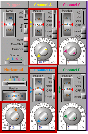 oscilloscope, oscilloscope settings, oscilloscope settings in proteus, proteus value for half wave rectification, output settings in oscilloscope.