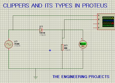 proteus circuit, negative series clippers, clippers in proteus, clippers and its types, circuit for series negative clippers in proteus