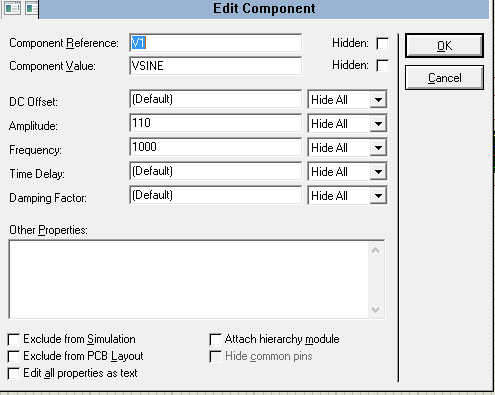 vsine source in proteus,vsine source settings, vsine source, alternating current source, modification in values of vsine source