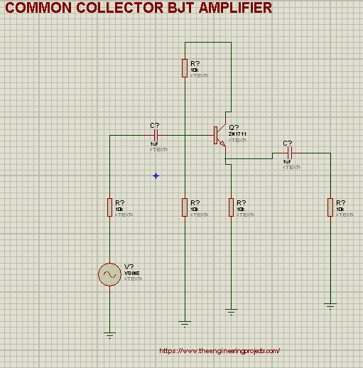 Common Collector BJT Amplifiers, CC Amplifiers, Common Collector bjt ampplifiers in proteus, proteus implementation of BJT amplifiers.