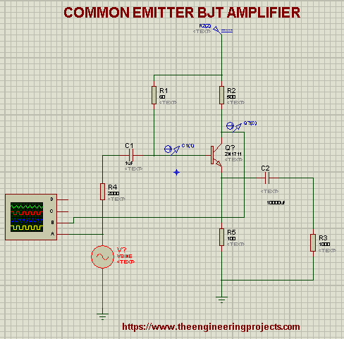 circuit of BJT Amplifier, Proteus Circuit of amplifier, Common emitter bjt amplifier in proteus
