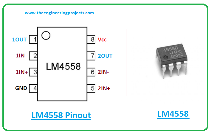Introduction to lm4558, lm4558 pinout, lm4558 power ratings, lm4558 applications,lm4558 