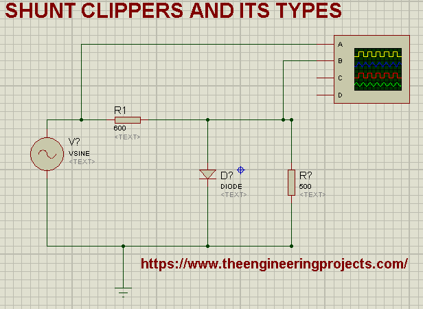 Positive shunt clippers, clippers, shunt clippers in proteus, proteus circuit,positive shunt clippers in proteus