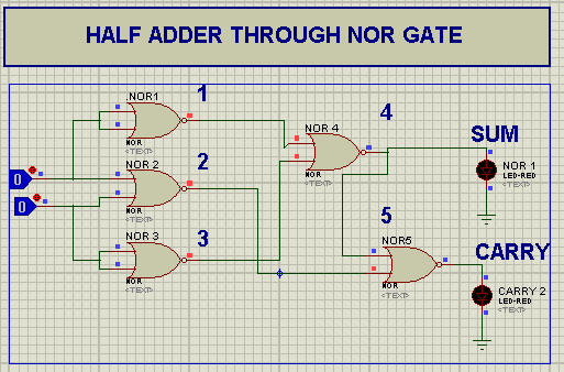 Half Adder, Half Adder through NAND, Half Gate through nor gate, half adder through single gate, half adder in proteus.