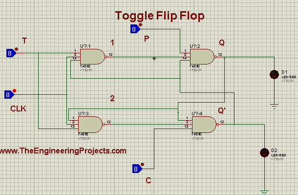 T flip flop, T Flip Flop in Proteus, Proteus simulation of T Flip Flop, toggle flip flop in Proteus. flip flop in Proteus.