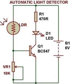 Automatic Light Detector, Light Detector with LDR, Proteus experiment for Automatic Light Detector, Automatic Light Detector with BC645 n-p-n transistor
