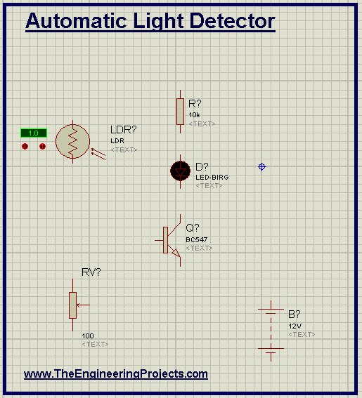 Automatic Light Detector, Light Detector with LDR, Proteus experiment for Automatic Light Detector, Automatic Light Detector with BC645 n-p-n transistor