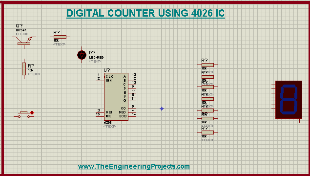 Digital Counter, Seven Segment Display,4026 IC , Applications of 4026 IC, circuit of 4026 IC counter in Proteus, Proteus Projects.