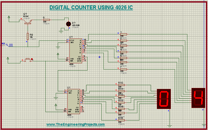 Digital Counter, Seven Segment Display,4026 IC , Applications of 4026 IC, circuit of 4026 IC counter in Proteus, Proteus Projects.
