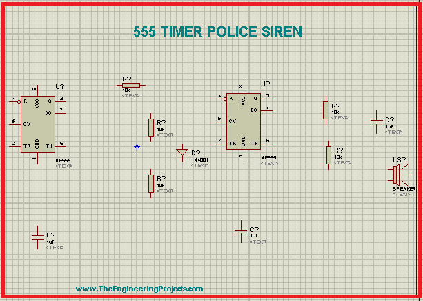555 timer application, 555 timer police sire n Proteus, Proteus projects, the Proteus project of 555 timer police siren, police siren circuit.