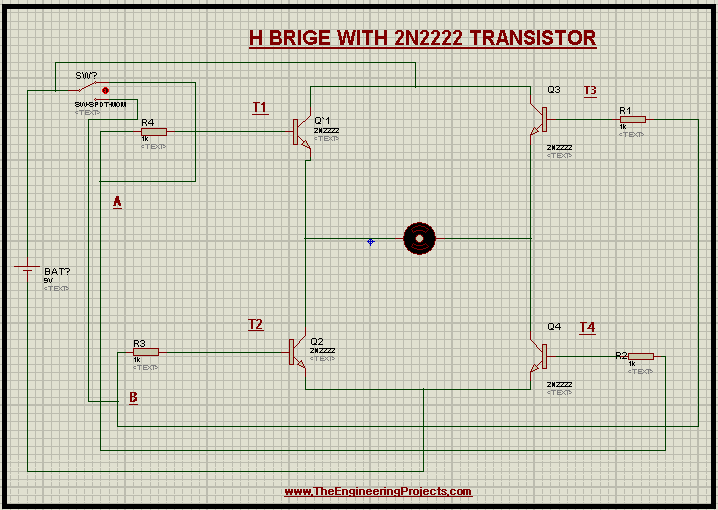H Bridge, HB ridge Motor in Proteus, H Bridge in 2N2222 Transistor, H Bridge with 2N2222