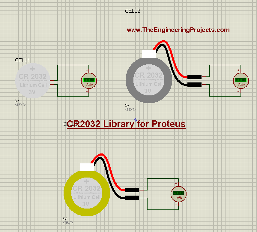 CR2032 Library for Proteus, CR2032 in proteus, CR2032 proteus, CR2032 proteus simulation, simulate CR2032