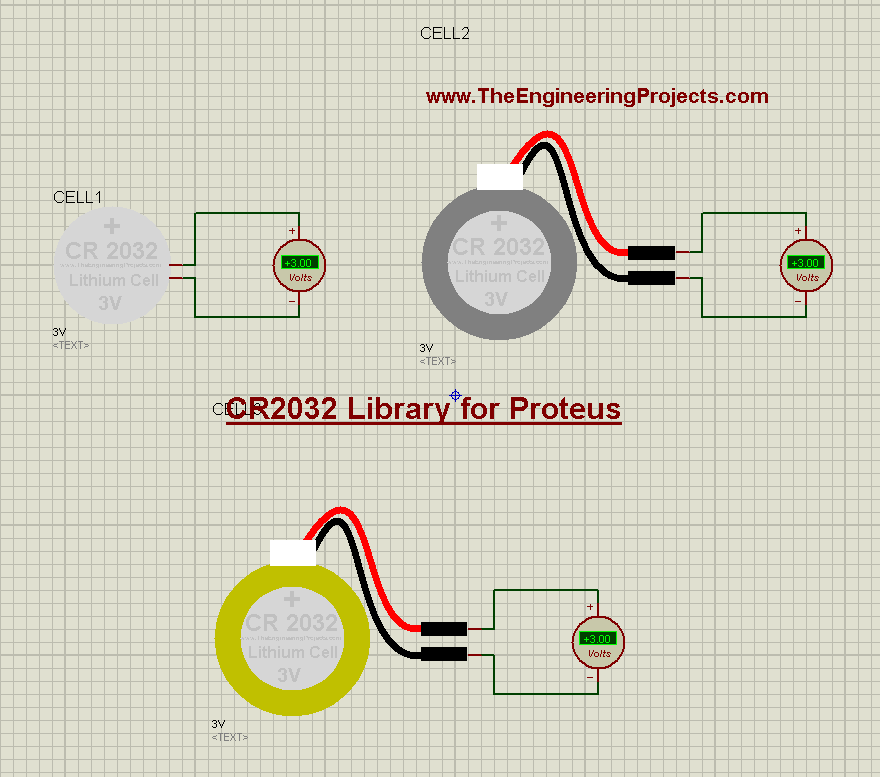 CR2032 Library for Proteus, CR2032 in proteus, CR2032 proteus, CR2032 proteus simulation, simulate CR2032