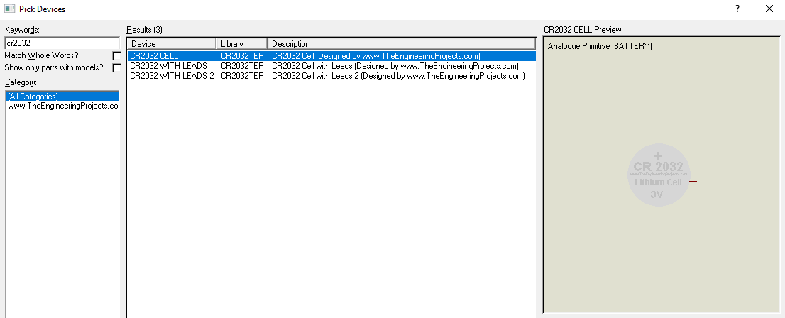 CR2032 Library for Proteus, CR2032 in proteus, CR2032 proteus, CR2032 proteus simulation, simulate CR2032