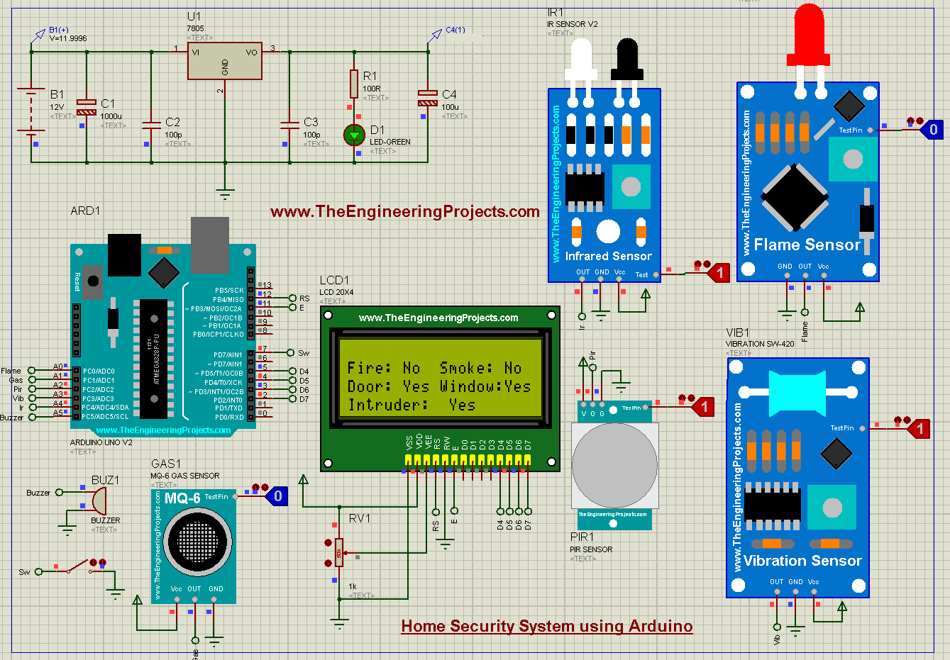 Home Security System using Arduino, Home Security System, Home Security System Arduino, arduino Home Security System, Home Security System simulation, Home Security System in proteus, Home Security Project, proteus simulation of home security project
