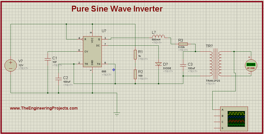 Pure sine wave inverter, Sine wave Inverter in Proteus, Sine wave inverter in proteus using 555 timer, 555 timer project, Sine wave inverter with 555 timer.