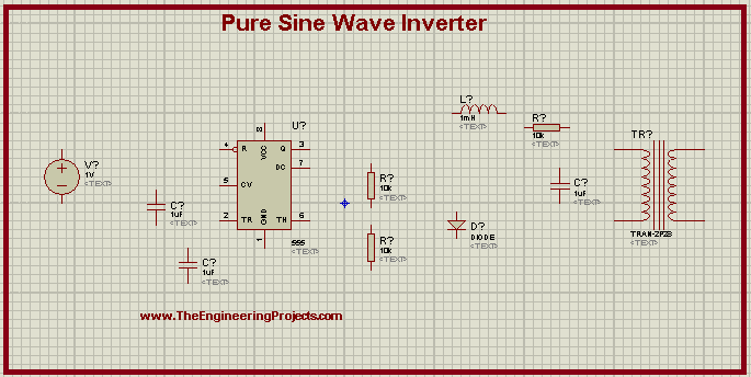 Pure sine wave inverter, Sine wave Inverter in Proteus, Sine wave inverter in proteus using 555 timer, 555 timer project, Sine wave inverter with 555 timer.