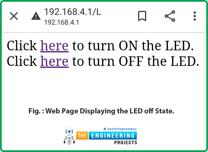 What happens in access point (AP) mode, code description, Wi-Fi access point example, Testing ESP32 web server with hardware in access point with Arduino IDE, Connected with ESP32 AP, ESP32 as an access point, Web page displaying the LED off state