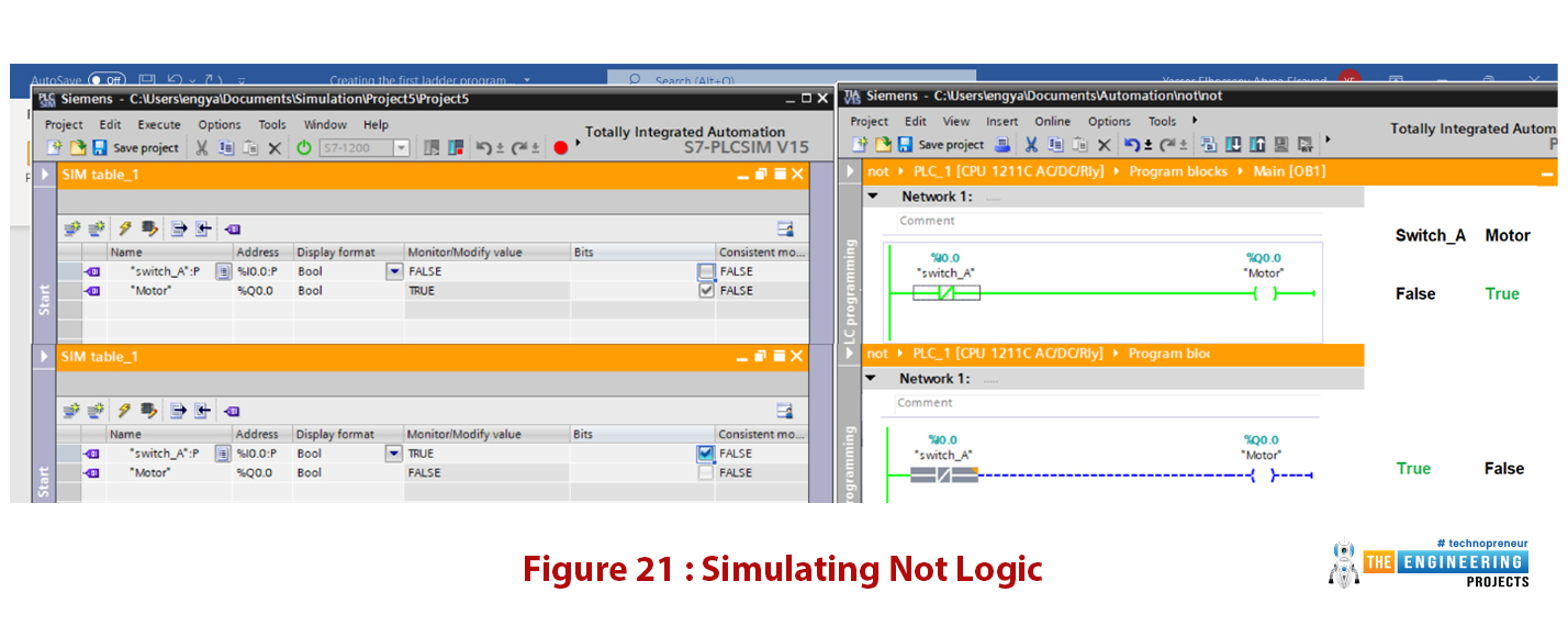Ladder logic contact, Normally open contact, Normally close contact, The coil, Create our very first ladder program, Creating a new project on the TIA portal, Writing the first program on the TIA portal software, Simulating the first ladder logic program, Simulating our first program, Simulating ANR, OR, and NOT logic, AND logic, OR logic, NOT logic, Enjoying simulation of the latching ladder program, Latching output, Latching ladder code simulation, Latching using set and reset, The signal edges
