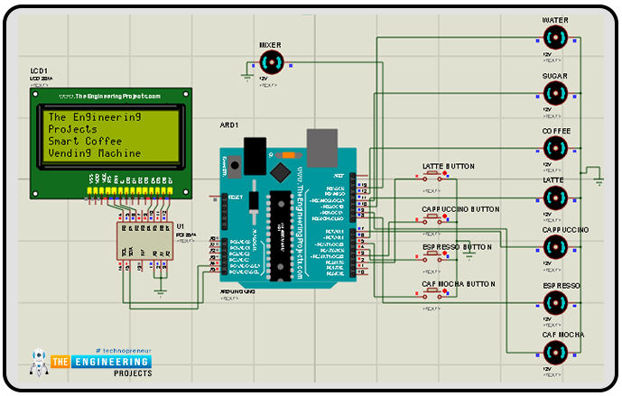 Smart coffee vending machine, Project overview, Components needed, Components details, Arduino UNO, PCF8574, LCD Display, Proteus simulation of smart coffee vending machine, Circuit diagram and working, Arduino code for smart coffee vending machine, Declaration code