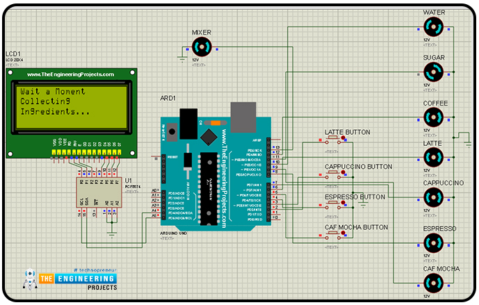 Smart coffee vending machine, Project overview, Components needed, Components details, Arduino UNO, PCF8574, LCD Display, Proteus simulation of smart coffee vending machine, Circuit diagram and working, Arduino code for smart coffee vending machine, Declaration code