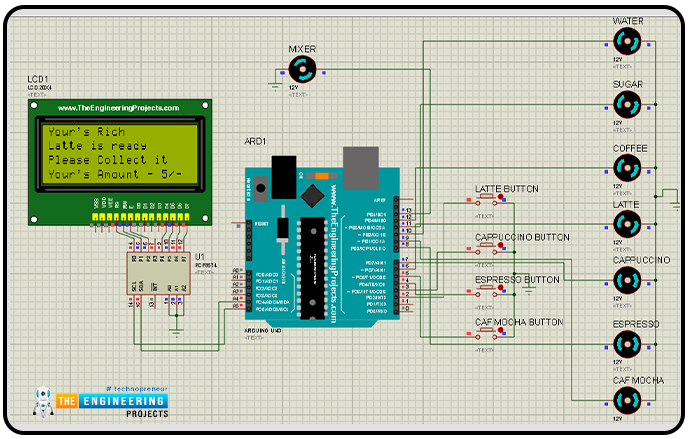 Smart coffee vending machine, Project overview, Components needed, Components details, Arduino UNO, PCF8574, LCD Display, Proteus simulation of smart coffee vending machine, Circuit diagram and working, Arduino code for smart coffee vending machine, Declaration code