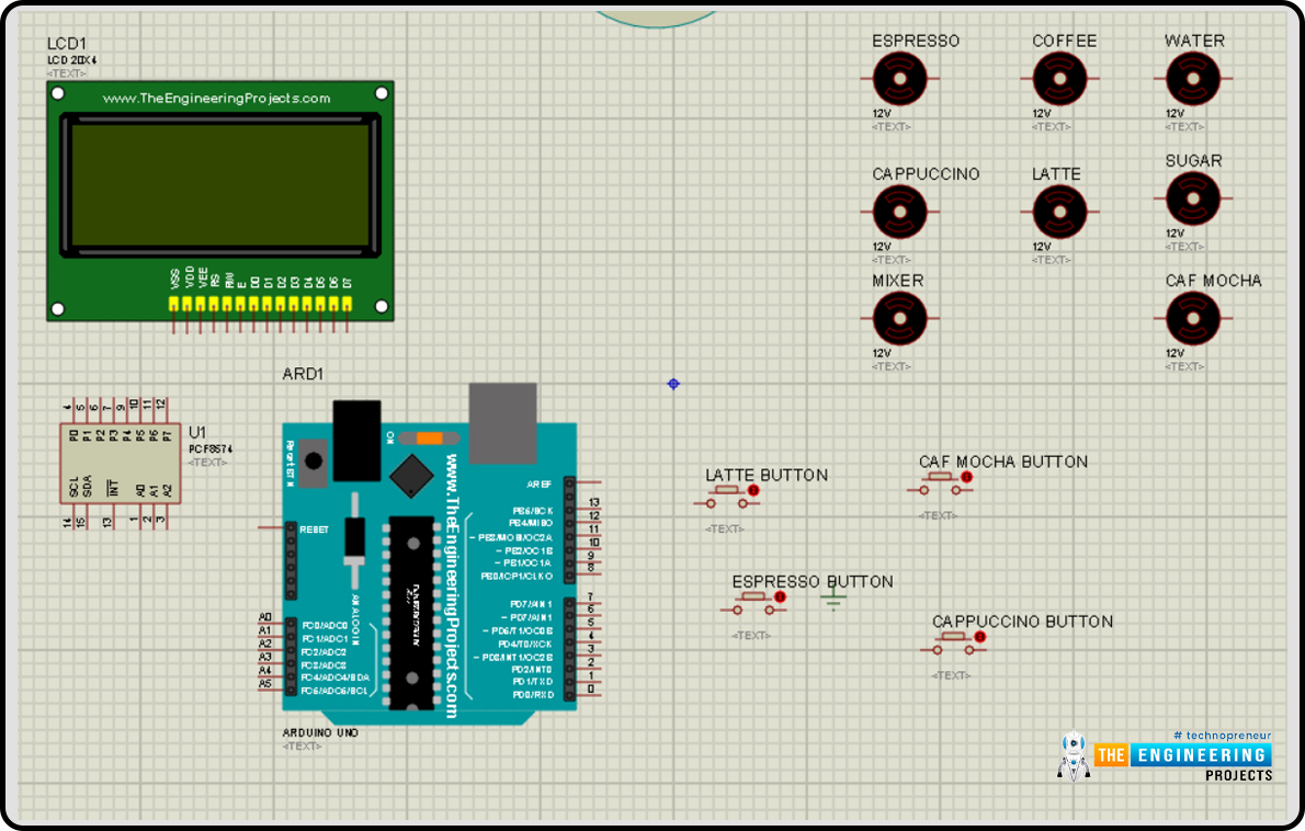 Smart coffee vending machine, Project overview, Components needed, Components details, Arduino UNO, PCF8574, LCD Display, Proteus simulation of smart coffee vending machine, Circuit diagram and working, Arduino code for smart coffee vending machine, Declaration code