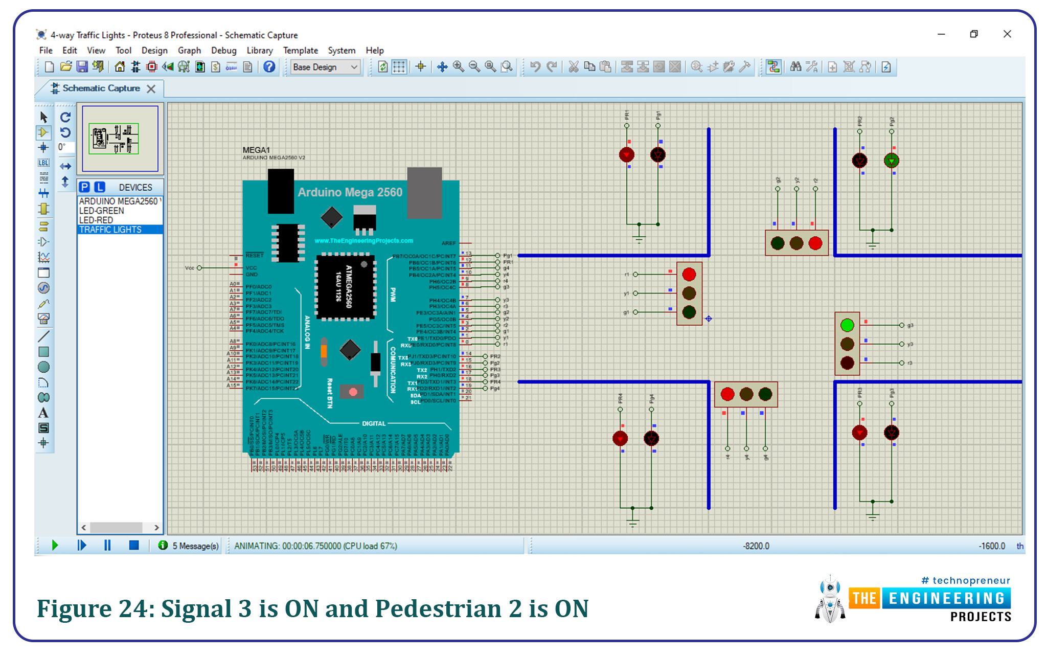 4 way traffic light, Software to install, Project overview, Components needed, Component details, Arduino mega, Traffic lights, Proteus simulation of traffic lights, Arduino code, Void setup, Results/working, Signal 3 is ON and pedestrian 2 is ON, Yellow light showing transition, Signal 1 is ON while Pedestrian 4 is ON 