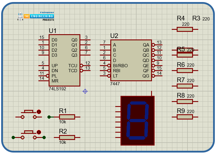 up down counter without microcontroller, up down counter with 74LS192, up down counter with 7447, up down counter without controller, up down counter with 7 segment display