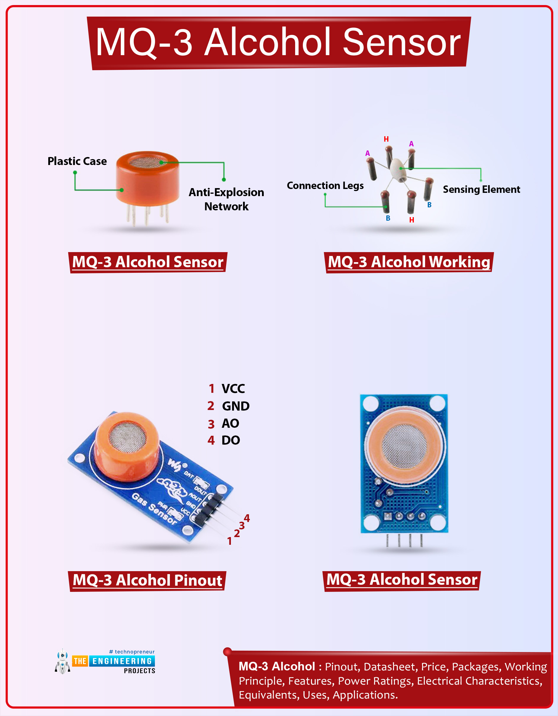 MQ-3 Alcohol Sensor, MQ-3  Datasheet, MQ-3 Pinout, MQ-3 Working, MQ-3 Applications, MQ-3 Sensor