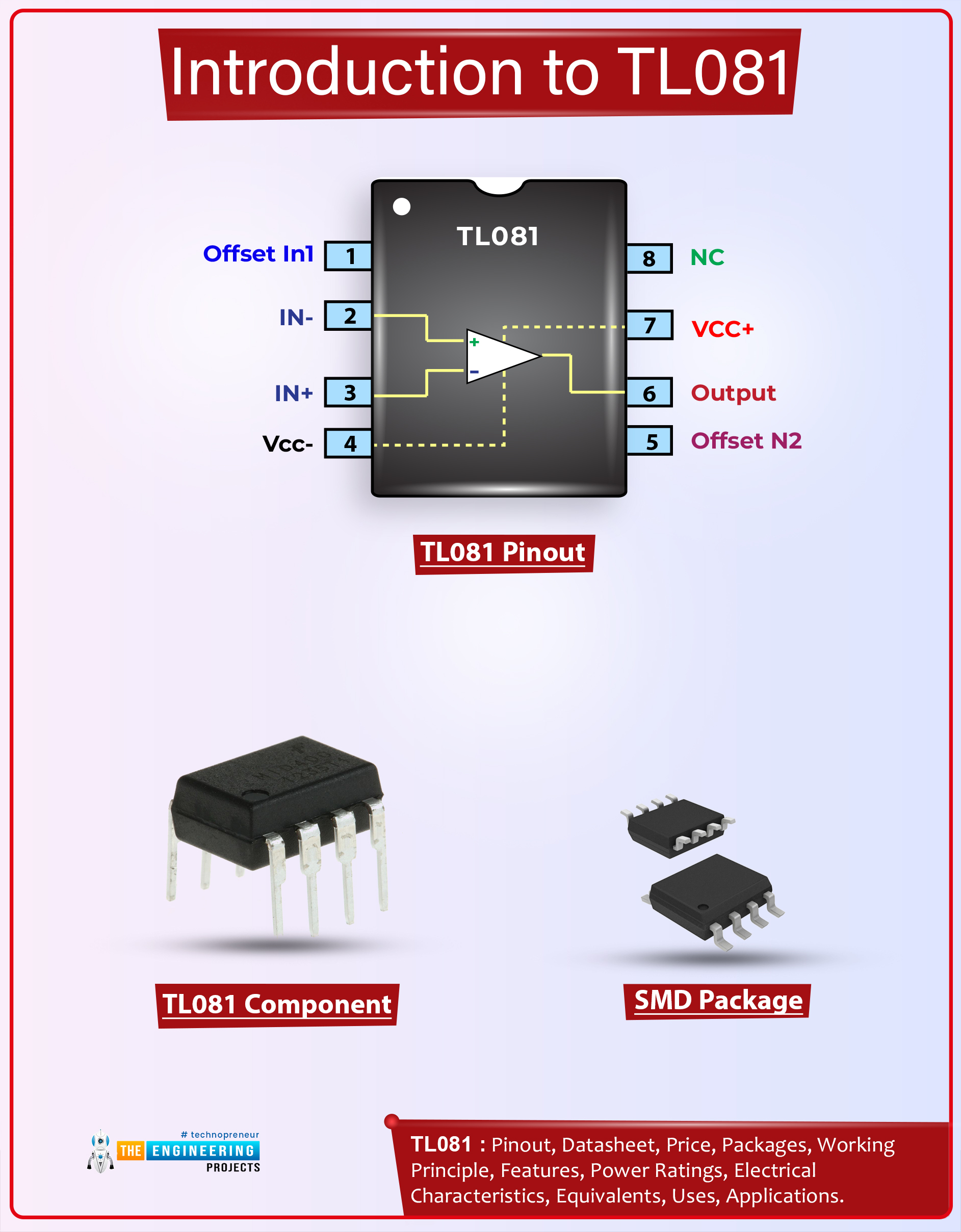 Introduction to tl081, tl081 pinout, tl081 power ratings, tl081 applications