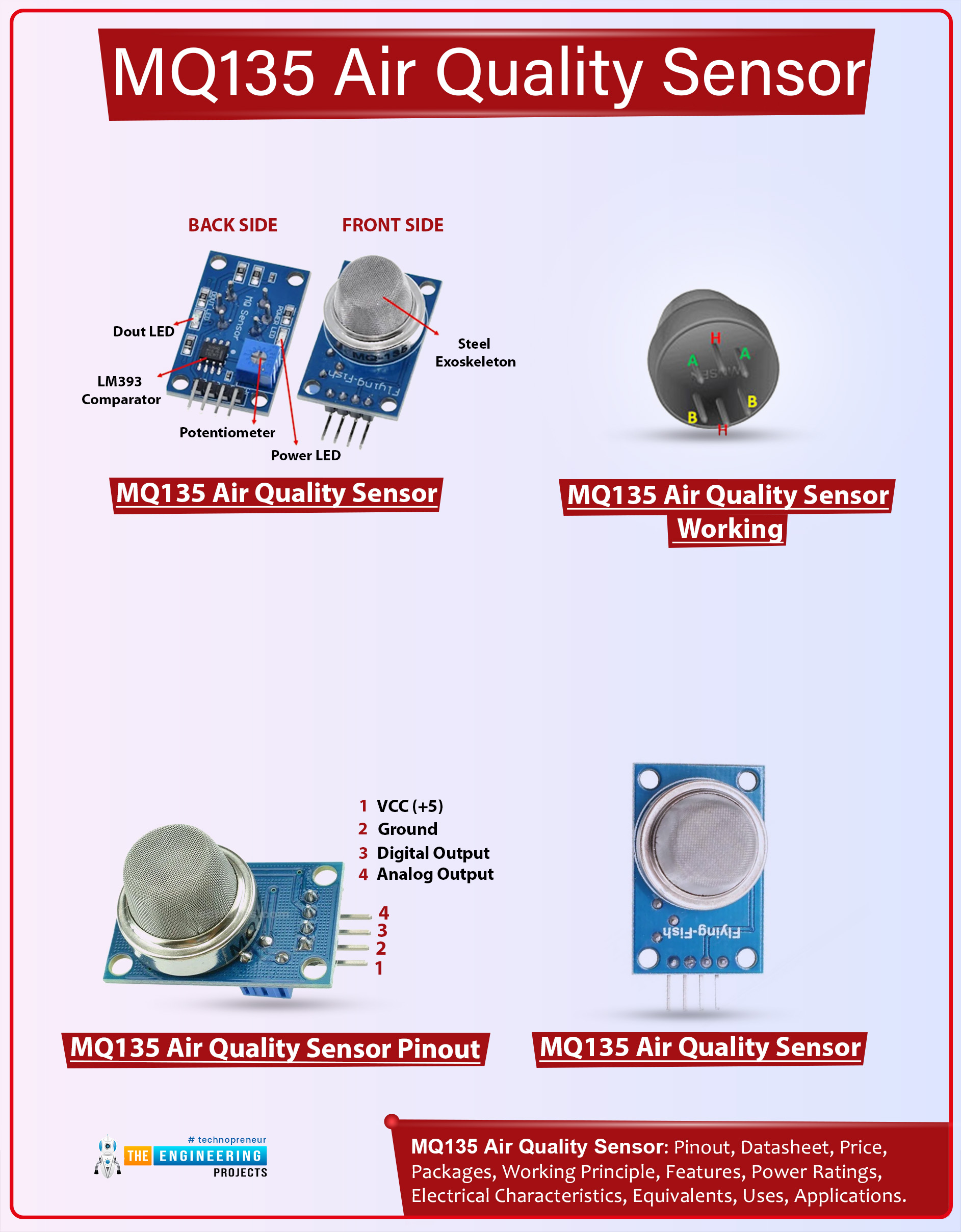 MQ135, MQ135 Air Quality Sensor, MQ135 Pinout, MQ135 Datasheet, MQ135 Working, MQ135 Features, MQ135 Specifications, MQ135 Applications