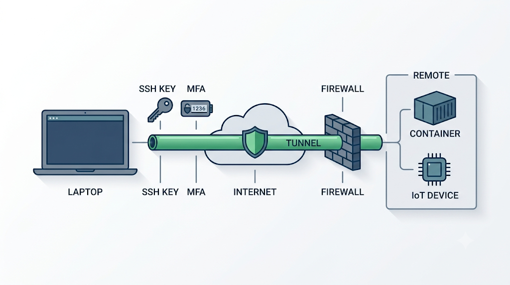 Diagram of a laptop linked through an encrypted tunnel to a remote development server with SSH, VPN, and firewall layers