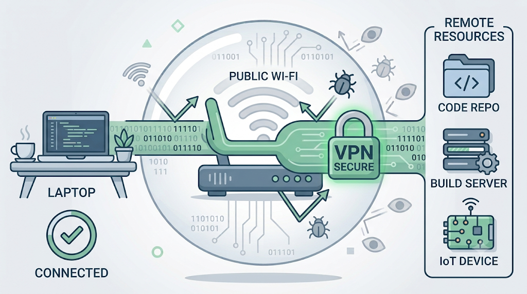 An engineer's laptop connecting over public Wi-Fi through a VPN tunnel to a code repository, build server, and IoT device