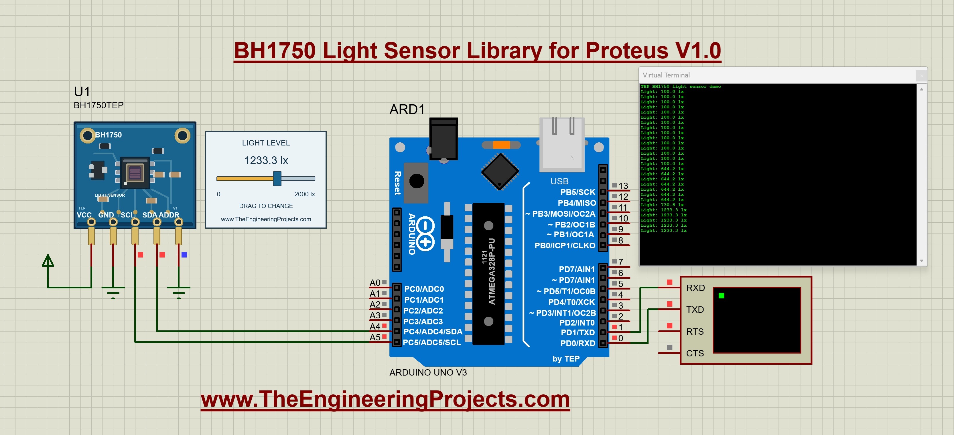 BH1750 running Proteus simulation, interactive light slider, 1233.3 lux reading, Arduino Uno I2C communication, Virtual Terminal output