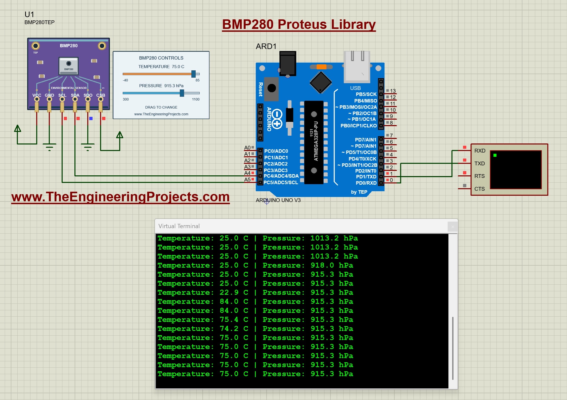 BMP280 running Proteus simulation, Arduino Uno I2C circuit, 75 C temperature slider, 915.3 hPa pressure slider, Virtual Terminal readings