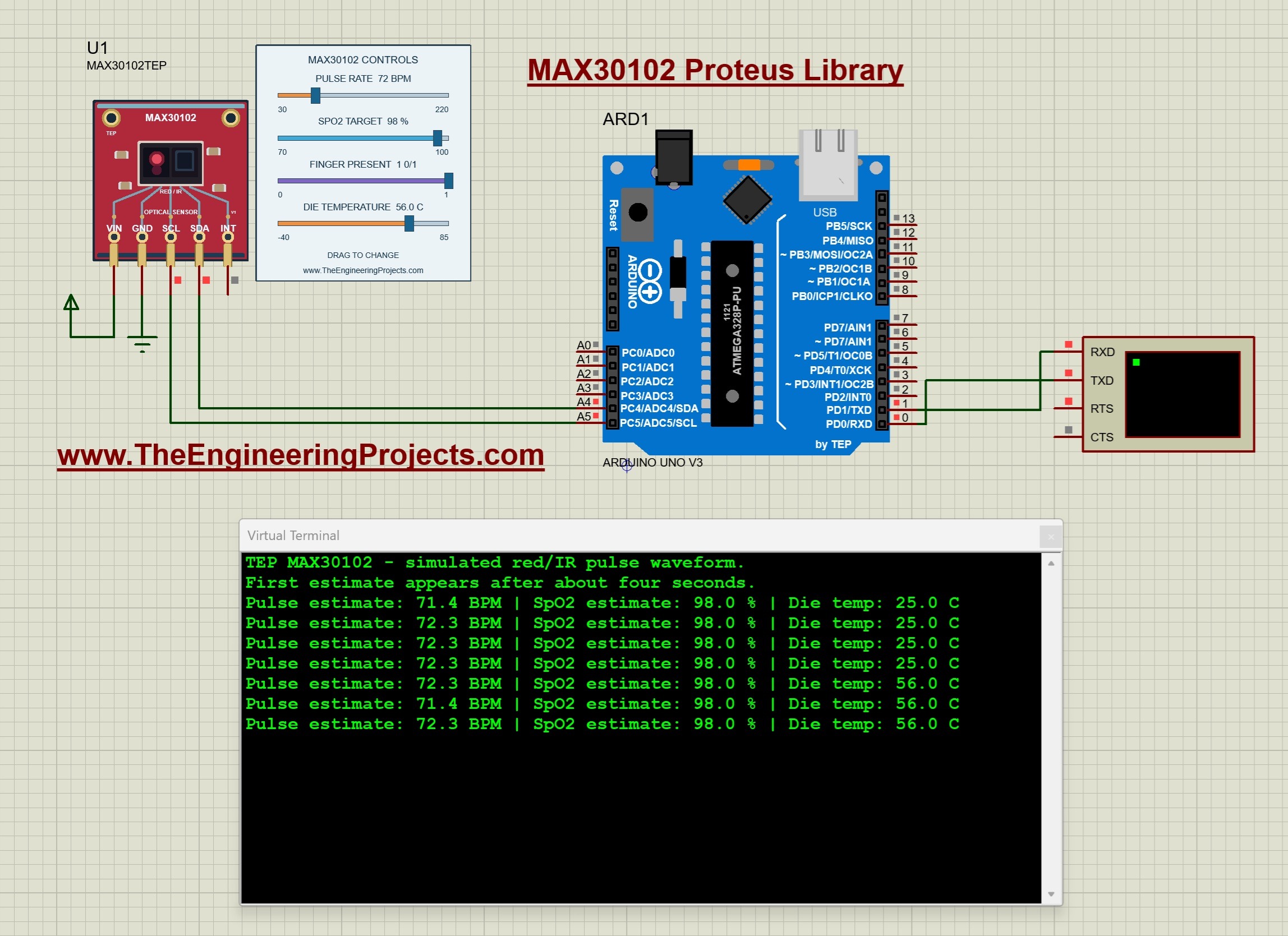 MAX30102 running Proteus simulation, 72 BPM pulse input, 98 percent SpO2 target, 56 C die temperature, Arduino Virtual Terminal estimates