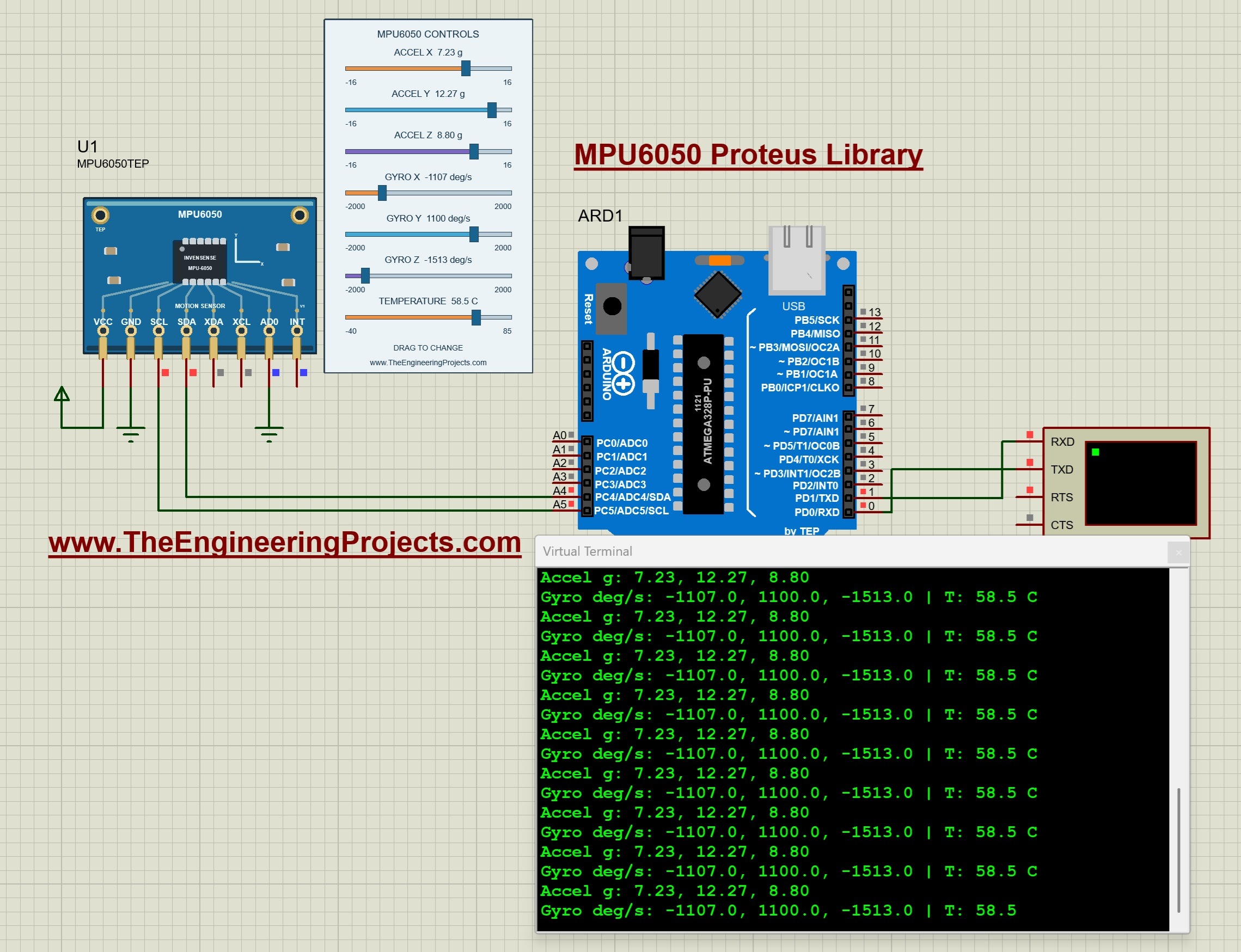 MPU6050 running Proteus simulation, Arduino Uno I2C circuit, acceleration and gyroscope sliders, 58.5 C temperature, Virtual Terminal readings