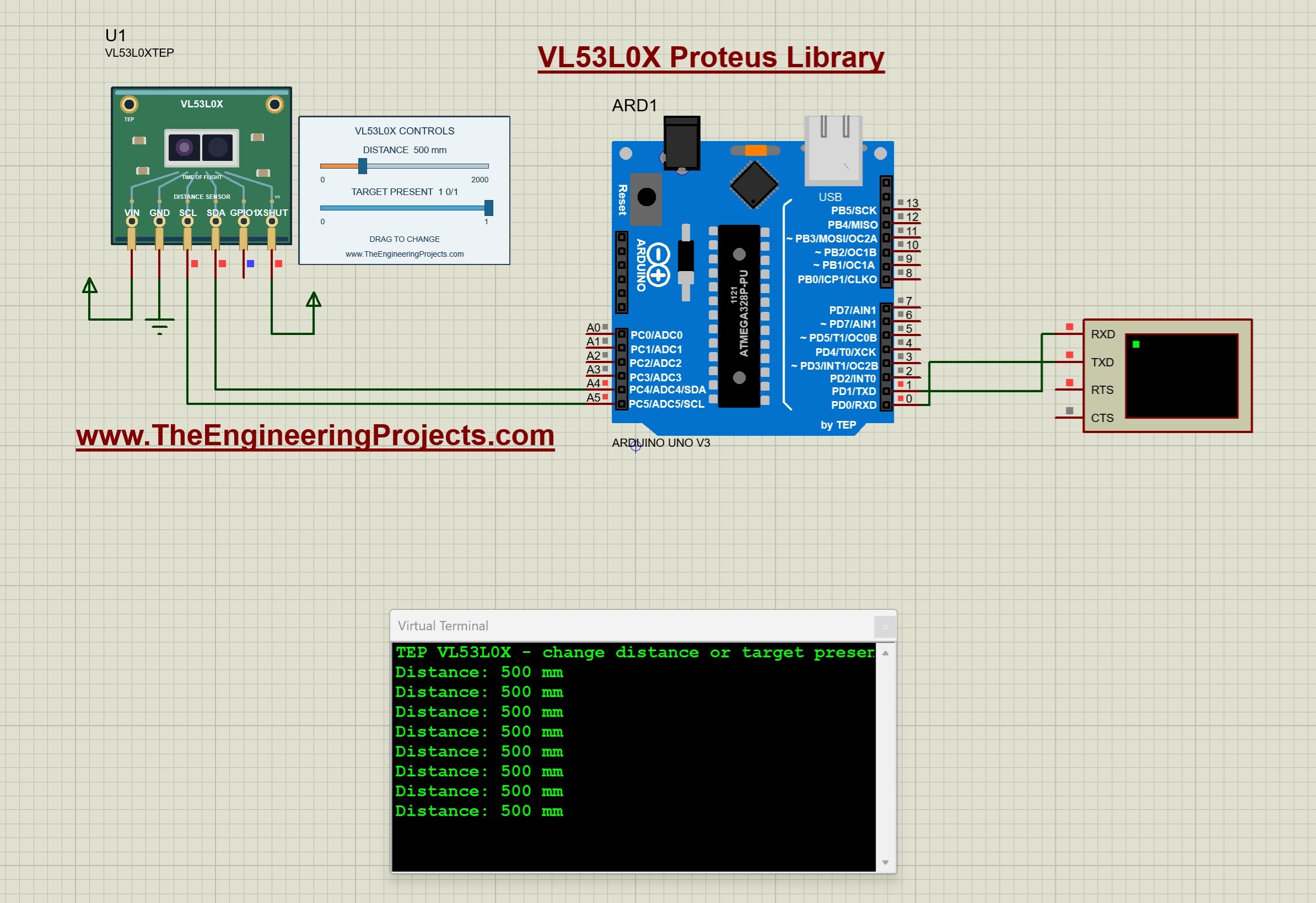 VL53L0X running Proteus simulation, 500 mm distance input, target present control, Arduino Uno I2C connection, Virtual Terminal distance readings