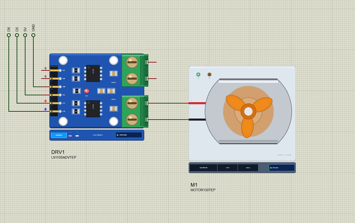 130 DC Motor Library for Proteus: the L9110S driver running the 130 hobby motor with its orange fan spinning