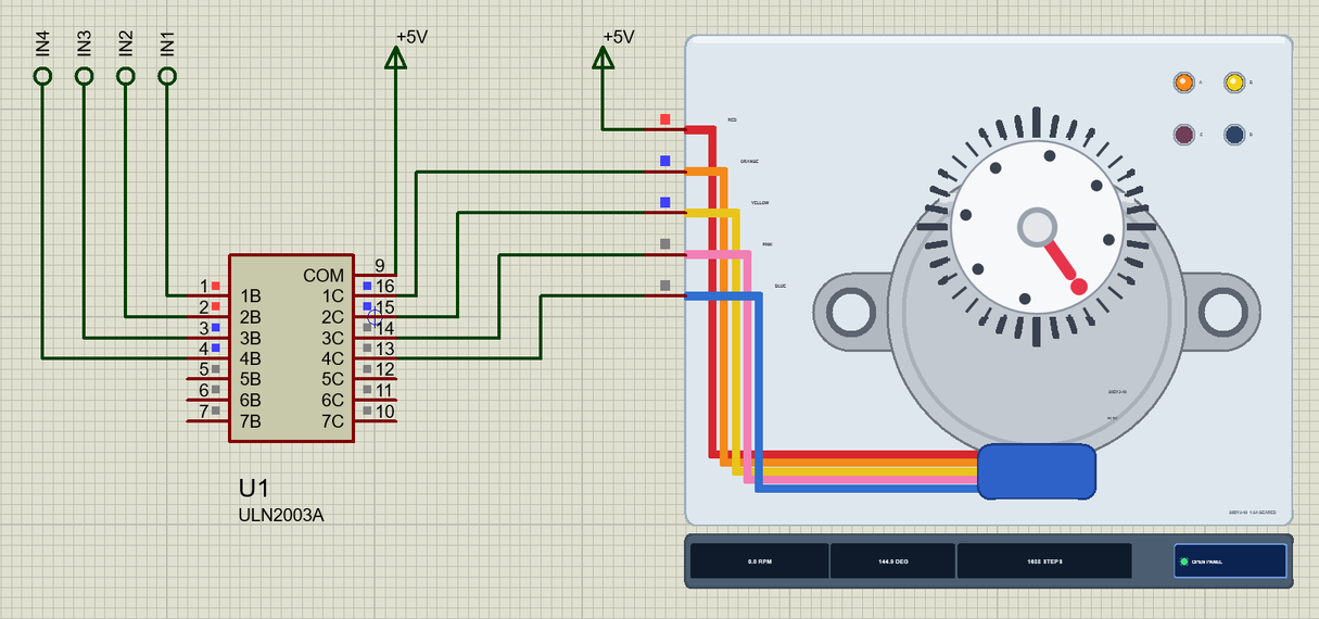 28BYJ-48 Stepper Motor Library for Proteus: the stepper on a ULN2003A with its dial turned and coils A and B lit