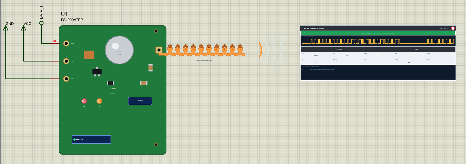 433MHz RF Module Library for Proteus V1.0: the FS1000A transmitter sending a code