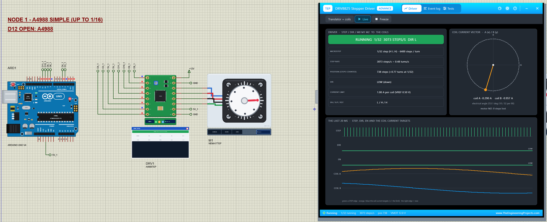 A4988 DRV8825 Stepper Driver Library for Proteus V1.0: an Arduino UNO V4.0 driving a NEMA 17 through the A4988, and the DRV8825 Advance pop-up at 1/32 step