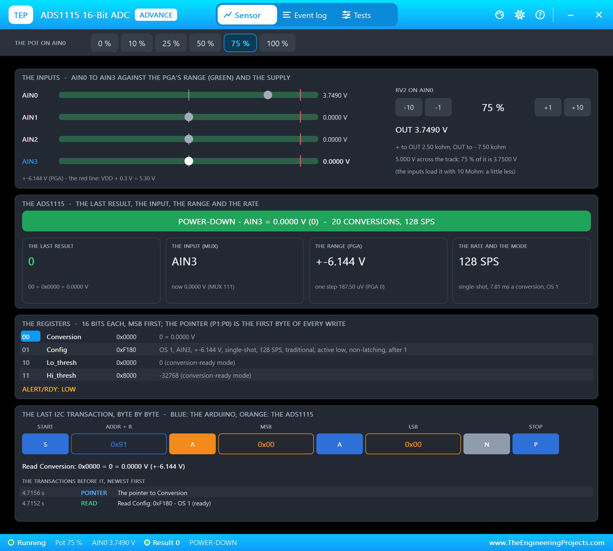 ADS1115 Advance pop-up Sensor page in Proteus: the inputs, the result, the registers and the last I2C transaction