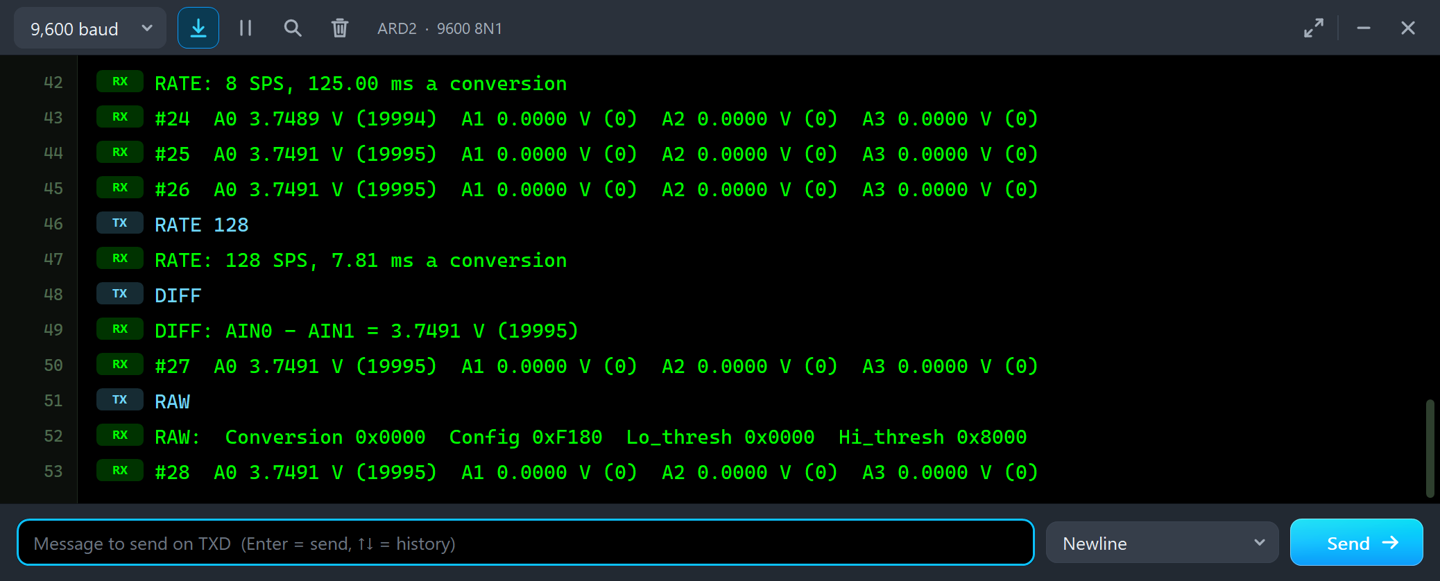 ADS1115 differential reading and the four registers by hand: Config 0xF180